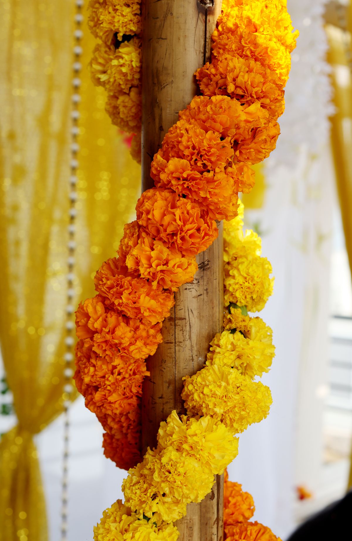 Marigold garlands wrapped around a column