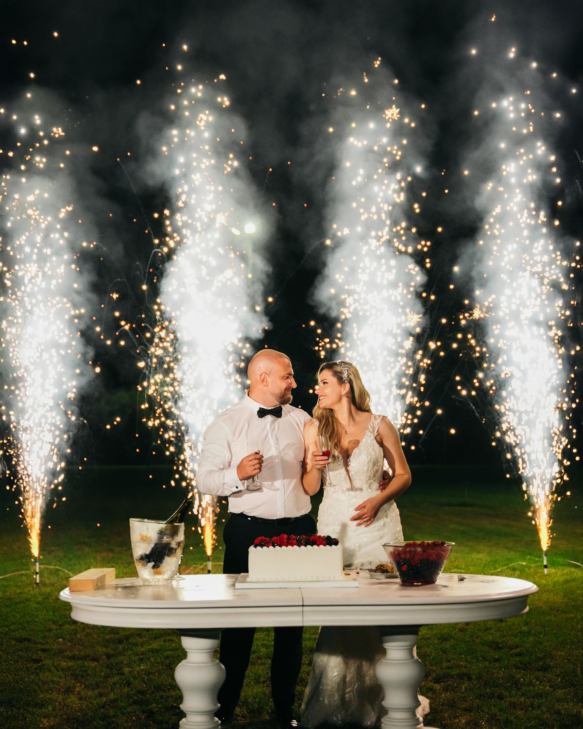 Cold spark fountains lighting a couple's first dance