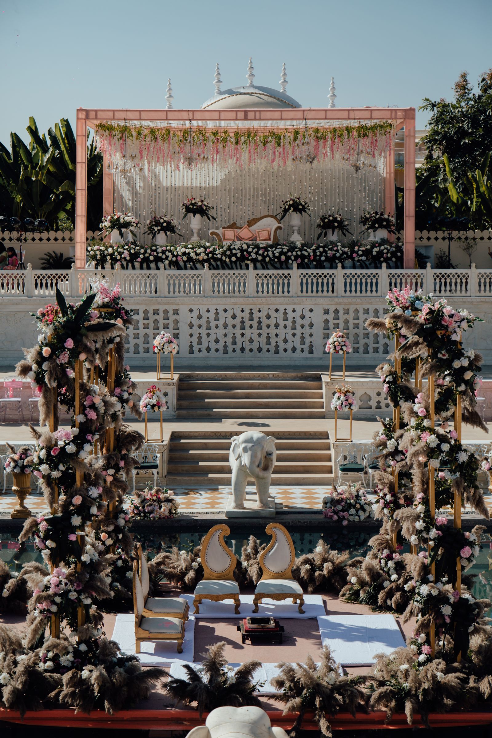 An outdoor wedding venue settling into dusk